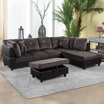 Секционни диван, Диван за хол от 3 части с пуфиком за съхранение, шезлонг, от дясната страна на Еспресо