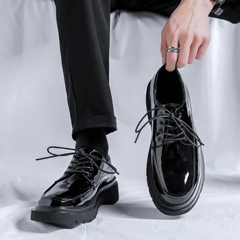 Лятото, есента и ежедневни мъжки модел обувки, нови дизайнерски модерни ежедневни черни кожени обувки, мъжки корейски работни костюми с кръгла пръсти, обувки