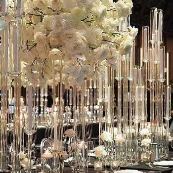 10шт ） Зашеметяващ дизайн, високи евтини прозрачни модерни кристални свещници централните елементи на сватбата 9 ръце декорация на партита yudao104