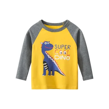 Брандираната детска есен нова облекло 2024 г., памучен тениска за момчета в корейски стил с модел на динозавър, памучен тениска с дълъг ръкав за деца