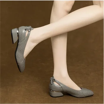 2024 Нови тънки обувки от мека кожа с фин пръсти, дамски обувки с дебел ток, с остър нос, Дамски обувки на нисък ток, Гъвкави тънки обувки
