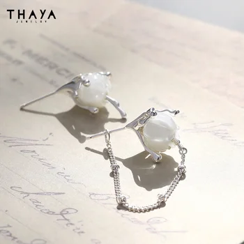 Thaya Елегантни обеци с бяло цвете ръчна изработка, оригинален дизайн, обеци с пискюли, модни висящи обеци за жени, изискани бижута за партита