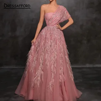 Розови Елегантни вечерни рокли с мъниста с едно рамо, Рокля с пера за жени, за Сватба парти