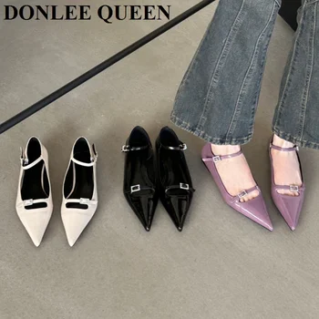 Модни дамски лоферы, есенно-пролетни модела обувки с остри пръсти, обувки на плоска подметка, тока за колан, каишка на щиколотке с кристали, балет апартаменти за обувки Mary Jane