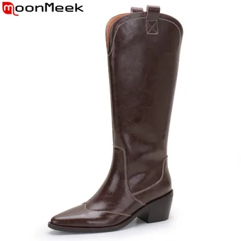 MoonMeek/ Нови обувки в западен стил от естествена кожа 2023 г., зимни дамски обувки на висок квадратен ток, страхотни дамски ботуши до коляното без закопчалка
