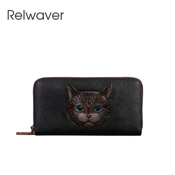 Чантата Relwaver от естествена телешка кожа с релефни котка в чантата си-клатч от естествена кожа 2023 есен зима дълъг портфейл с цип за жени