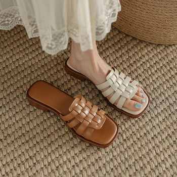 Френски сандали и чехли в стил ретро; Дамски летни горна дреха с плоска подметка; Меки кожени нескользящие чехли с мека подметка;