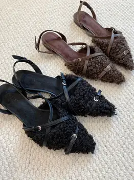 Пикантен дамски сандали с остри пръсти на плоския ниски токчета, модел обувки с катарама на колана си, черни, кафяви вечерни обувки-лодки, дамски размери 35-39