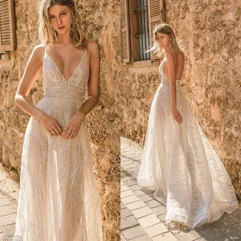 Сватбена рокля от тюл с аппликацией, Трапециевидное рокля с тънки спагети презрамки и без ръкави, с дължина до пода, илюзия на облегалката, сшитое по поръчка, Robe De Mariée