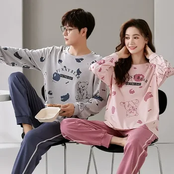 Пижама с мультяшными и дълги нощни ризи, Памучни Дамски Пижами За най-Хубави двойки, Мъжки пижами за сън и подходяща пижама За любителите на пижам в Корейски стил