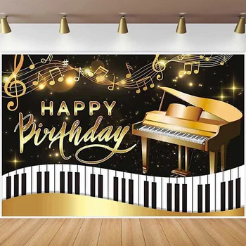 Фон за снимки пиано честит Рожден Ден на Клавишите музикални ноти Черен и златен фон Рожден Ден на бебе Душ Парти Торта Декор на масата