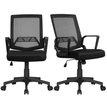 Офис стол Easyfashion с мрежа по средата на облегалката, ергономичен компютърен стол, комплект от 2, Black Офис стол с Ергономичен