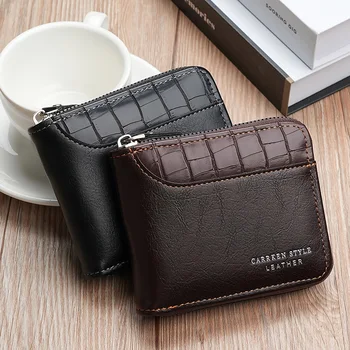 Мъжки кратък портфейл от изкуствена кожа, луксозни дизайнерски трехстворчатые портмоне с цип, мъжки ретро портфейл, чанта за монети, многофункционален джоб за карти