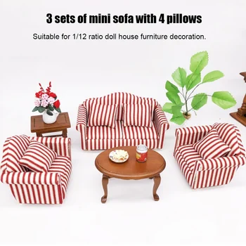 Миниатюрен куклена къща 1: 12, мини-симпатичен диван с 4 възглавници за кукли, имитация на детска куклена къща, мебели, играчки, декорации