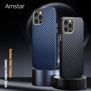 Кожен Калъф За мобилен Телефон с Дизайн, изработени от Въглеродни Влакна Amstar за iPhone 12 11 Pro Max 12 Mini X XR XS Max 7 8 Plus SE 2020 С Пълна Опаковка