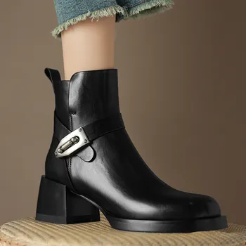 Черни Дамски Полусапожки от естествена кожа на платформа и висок квадратен ток Knight Botas С метална каишка Зимни Обувки Chelsea Botines Femininos Zapato