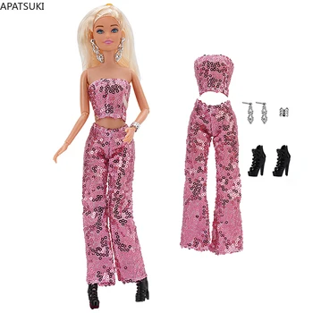 Розово модерен комплект дрехи за кукли Барби Топ без ръкави, Панталони, Обувки, Гривна, Обеци 1/6 Аксесоари за кукли, Детски играчки