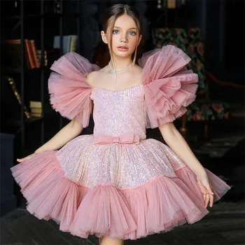 Сватбена рокля Gitter Flower Girl Дължина до коляното, от розов тюл с пайети и лък, рокля за парти в чест на Първия евхаристического деня на раждането на детето.
