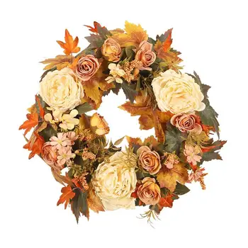 Есенен венец за входната врата Изкуствени украса от есенни венци 15,75-инчов Цветен венец от листа от клен, венец за събиране на божури