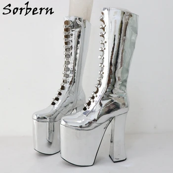 Sorbern Сребрист металик, ботуши в стил пънк, дамски обувки до коляното на платформа и висок ток, въжета с катарама в гладиаторском стил, квадратен чорап