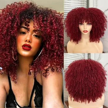 Бордо-Кратък Афро-къдрава перука с бретон за черни жени, омбре, синтетични Вино-червени перуки за cosplay, Топлоустойчива перуки за коса