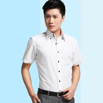 Мъжка риза с яка, копчета, летни Мъжки бизнес ризи с къс ръкав, прилепнали Корейски модерни ежедневни ризи без джобове, бели