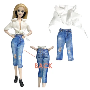 NK 1 комплект модни дрехи за кукли в уличном стил: бяла риза с висока яка + скъсани панталони за Барби кукли, играчки аксесоари за 1/6