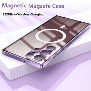 За Magsafe Магнитен калъф за безжично зареждане на Samsung Galaxy S21 S22 Ultra Plus Funda Метална броня с Алуминиева прозрачен капак