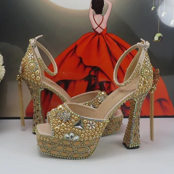 Сватбени обувки с декорация във формата на кристали, цвят шампанско на един необикновен ток 11 см, женски летни сандали, обувки за партита, Сандали с отворени пръсти и каишка на щиколотке