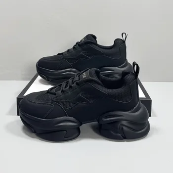 Дамски вулканизированная обувки от естествена кожа, с висококачествена луксозна есенна Черна ежедневни дамски обувки за тенис платформа, маратонки за бягане