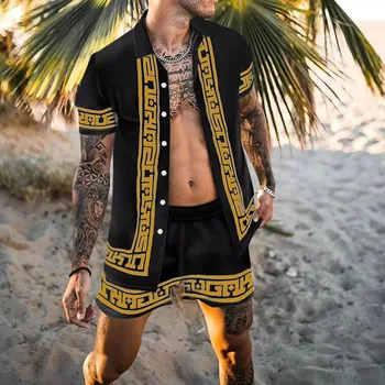 2023 Нова лятна и плажна мода, Хавайски ежедневната мъжка риза с 3D принтом, шорти от две части, костюм, мъжки дрехи