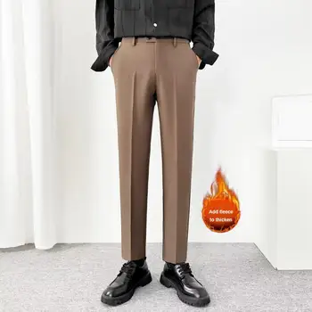 Мъжки свободни панталони, дебели плюшени мъжки костюмные панталони с меки джобове, цип до средата на талията, официални панталони в бизнес стил за офис облекло