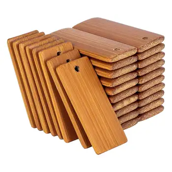 100шт Правоъгълни дървени тагове размер 45x20 мм пръстени за ключове, виси етикет за ключове от бамбуково непреработен дърво
