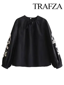 TRAFZA 2023 Есенни дамски модни блузи с кръгло деколте, без съкратен жена топ с бродерия, Прости Ежедневни дамски пуловери