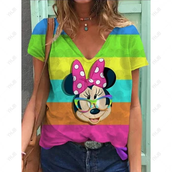 Дамски Тениски с принтом Disney Minnie Мики С къс ръкав И V-образно деколте, Ежедневни Летни Модни Дамски Тениски, Дамски Дрехи Големи размери