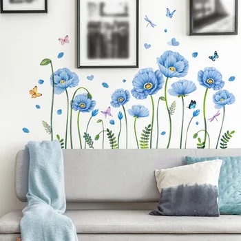 Сини етикети с флорални цветя и пеперуди, за фон на стените - на Едро и самозалепващи се етикети за начало декор на стената