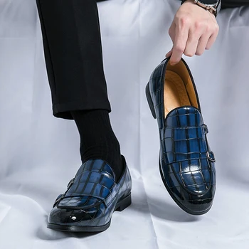 Мъжки лоферы с двойна катарама, черни, сини, жълти монашески обувки, мъжки обувки от изкуствена кожа 38-48 размер, мъжки модел обувки