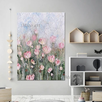 Розово цвете стена, природни картини, Безрамный растителен пейзаж, Картина palette knife, Абстрактно произведение на изкуството, ръчно изработени, хвърляне на художествено платно